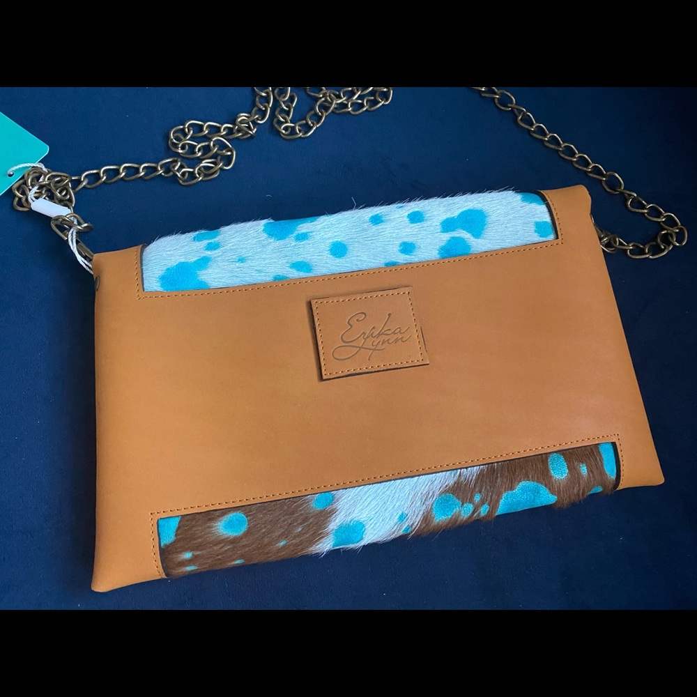 Erika Lynn handmade cowhide leather clutch crossbody bag beige turquoise cowboy - Picture 5 of 9